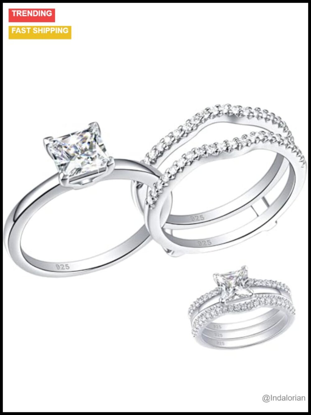 925 Sterling Silver Princess CZ Solitaire Engagement Ring Set